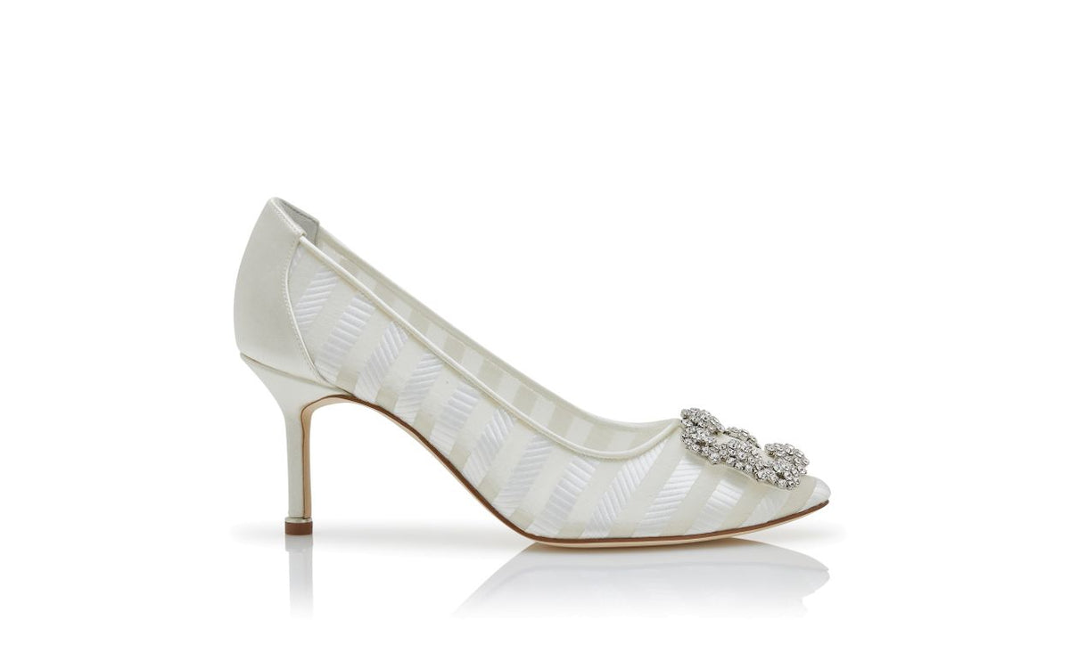 Bianca Pearl White Jewel Buckle Pumps – side profile showing white jewel buckle, crystal buckle, almond toe, Vowalisse