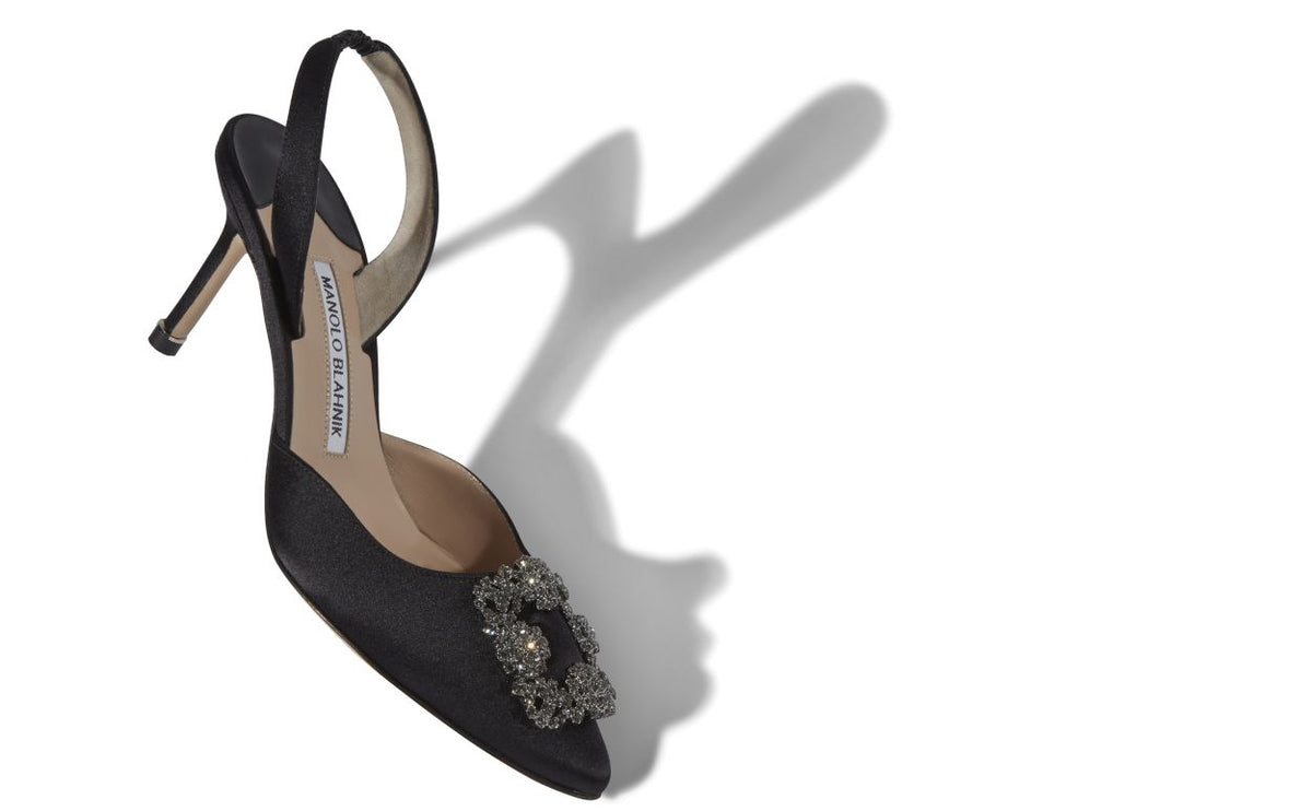 Marielle Bloom Black Jewel Buckle Slingbacks – front three-quarter view showing black jewel buckle, crystal buckle, ankle…