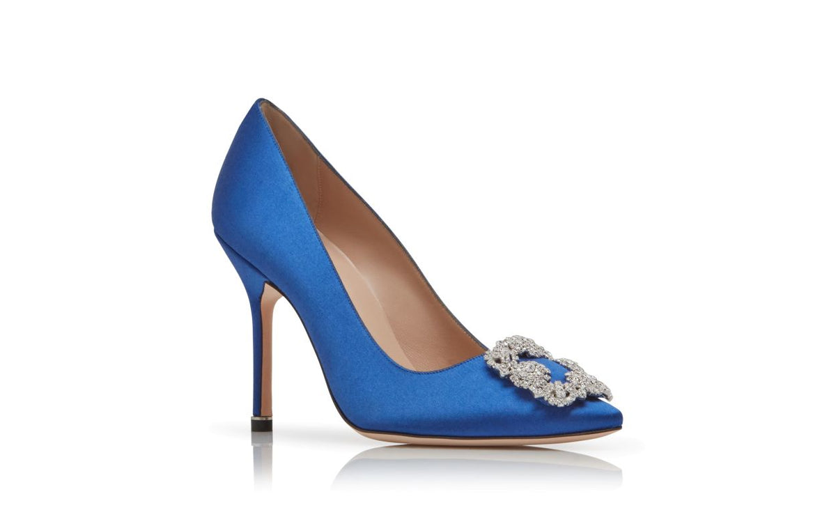 Elara Dream Blue Jewel Buckle Pumps – top view showing blue jewel buckle, crystal buckle, almond toe, satin, Vowalisse
