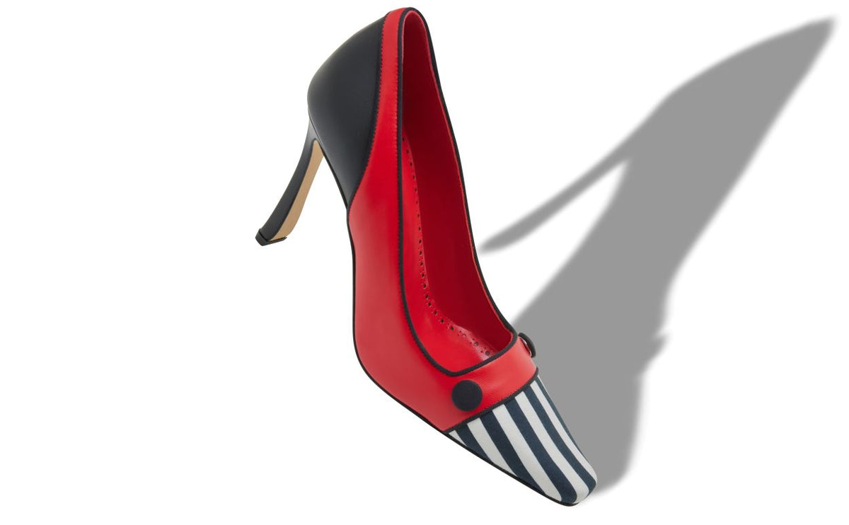 Noelle Pearl Red Button Detail Pumps – front three-quarter view showing red button detail, almond toe, nappa leather…
