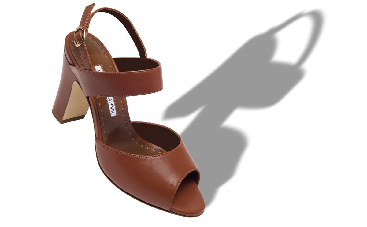 Genevieve Lace Brown Slingback Slingbacks – front three-quarter view showing brown slingback, open toe, nappa leather…