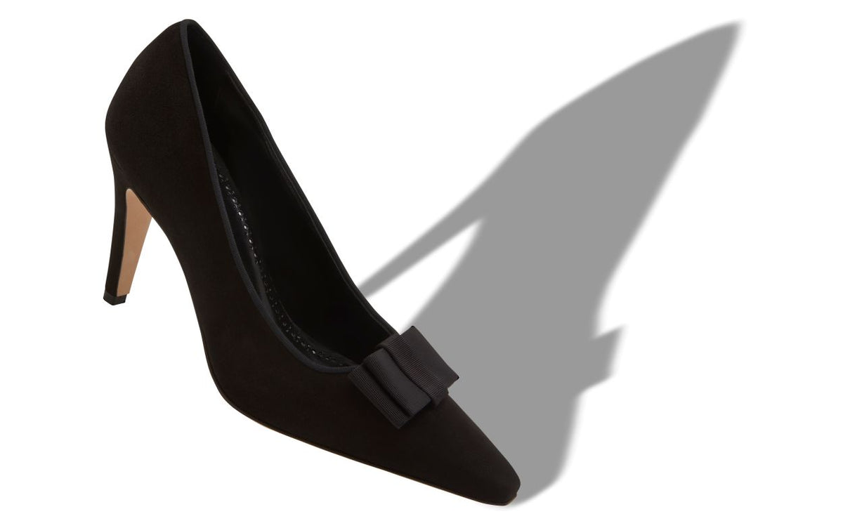 Rosalie Lace Black Bow Detail Pumps – front three-quarter view showing black bow detail, pointed toe, suede, Vowalisse
