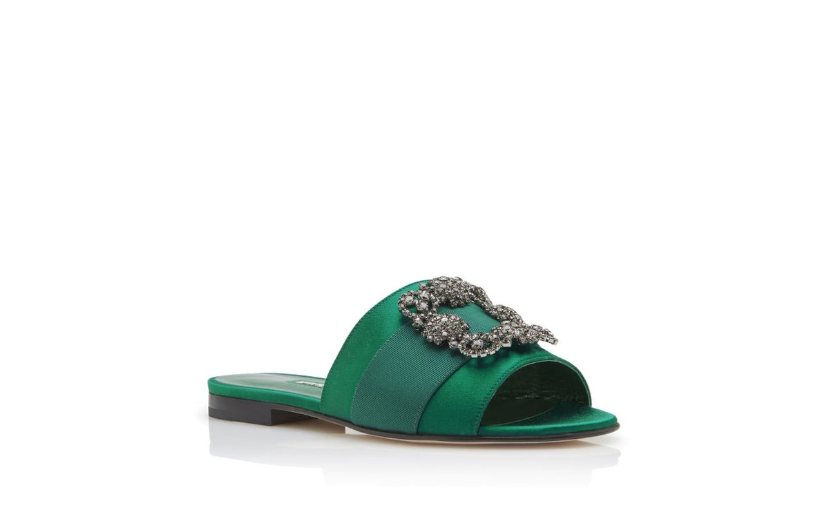 Noelle Muse Green Jewel Buckle Mules – top view showing green jewel buckle, crystal buckle, satin, Vowalisse