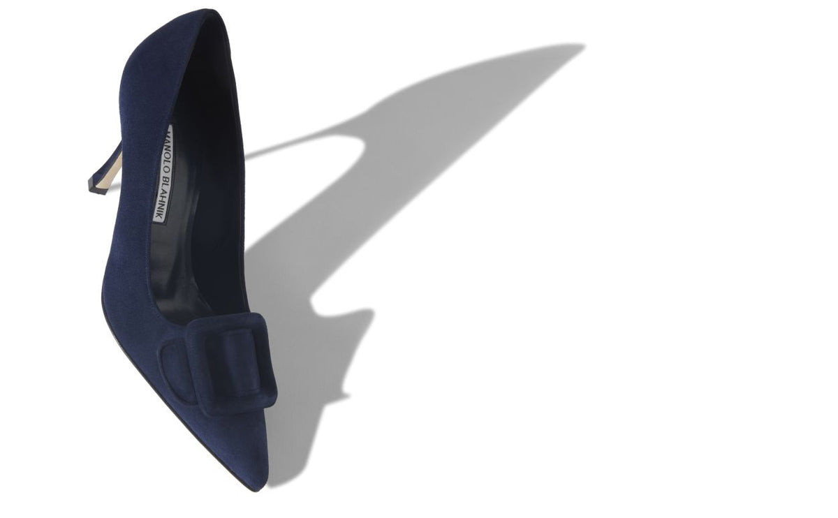 Magnolia Bloom Blue Pointed Toe Pumps – front three-quarter view showing blue pointed toe, suede, Vowalisse