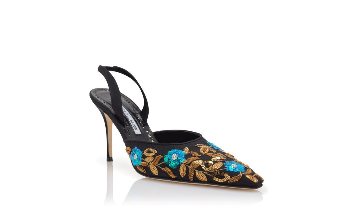 Odette Muse Black Embroidered Slingbacks – top view showing black embroidered, slingback, almond toe, Vowalisse