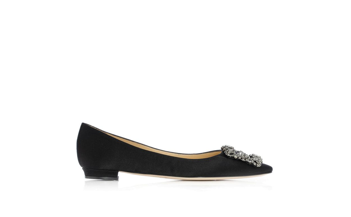 Marcella Belle Black Jewel Buckle Pumps – side profile showing black jewel buckle, crystal buckle, almond toe, satin…