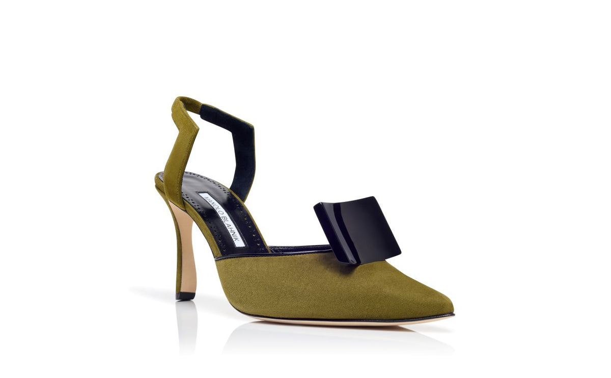 Emmeline Rose Green Slingback Slingbacks – top view showing green slingback, pointed toe, suede, patent leather, Vowalisse