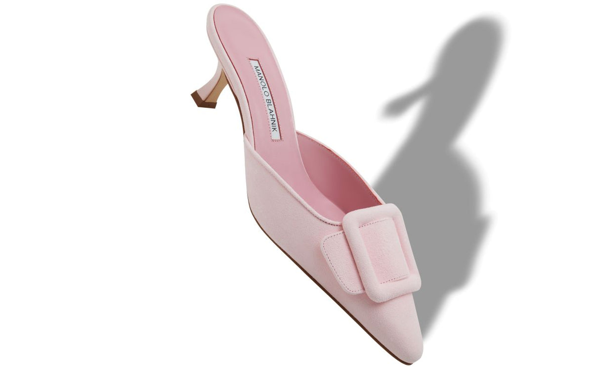 Genevieve Flame Pink Pointed Toe Mules – front three-quarter view showing pink pointed toe, suede, Vowalisse