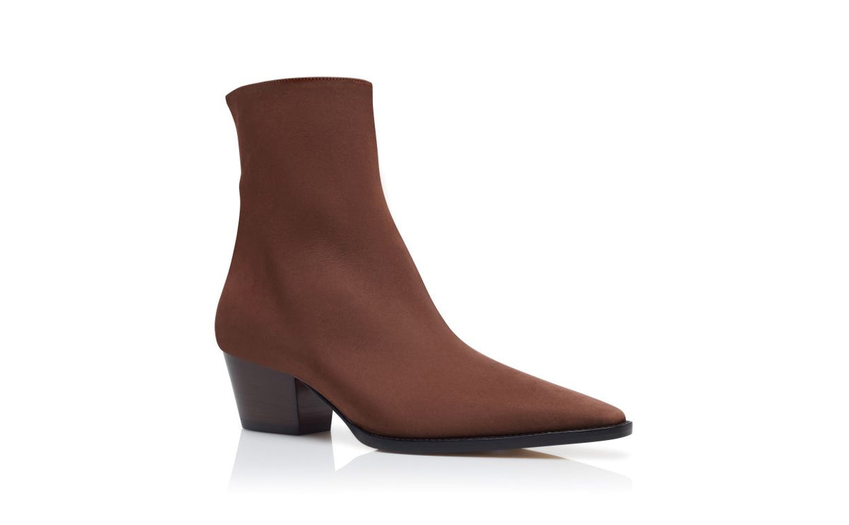 Camellia Rose Brown Pointed Toe Ankle Boots – top view showing brown pointed toe, Vowalisse