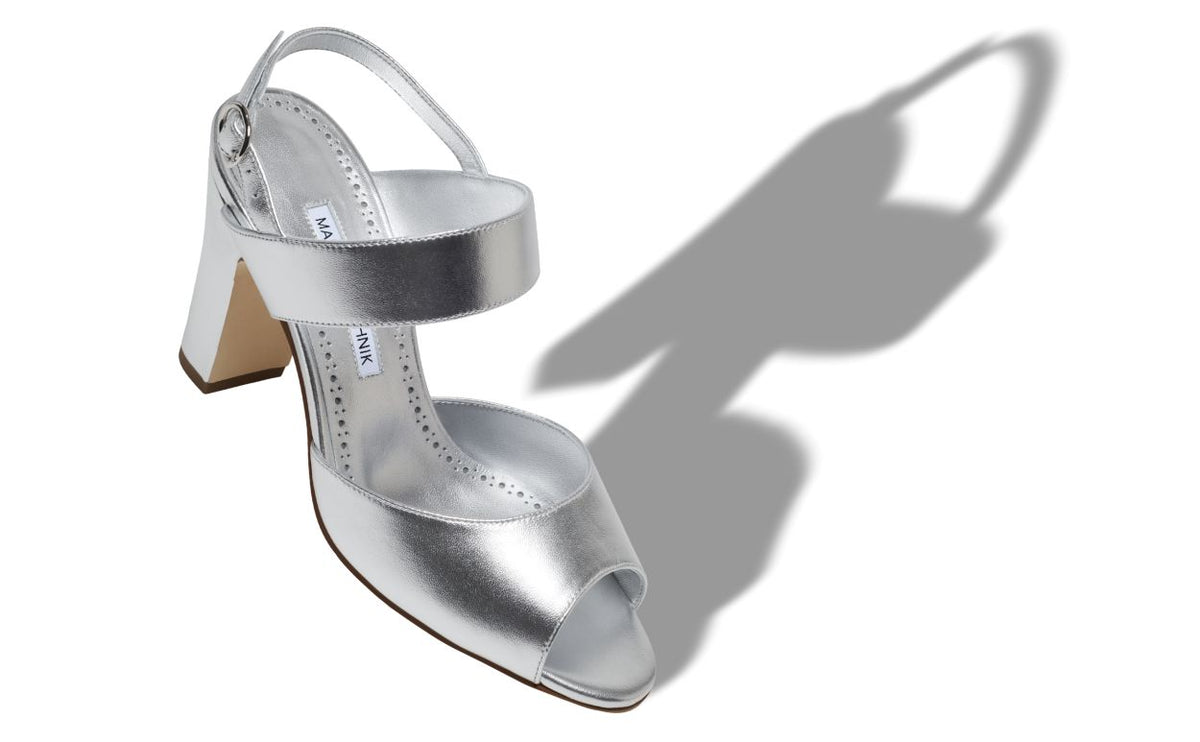 Juliette Lace Silver Slingback Slingbacks – front three-quarter view showing silver slingback, open toe, nappa leather…
