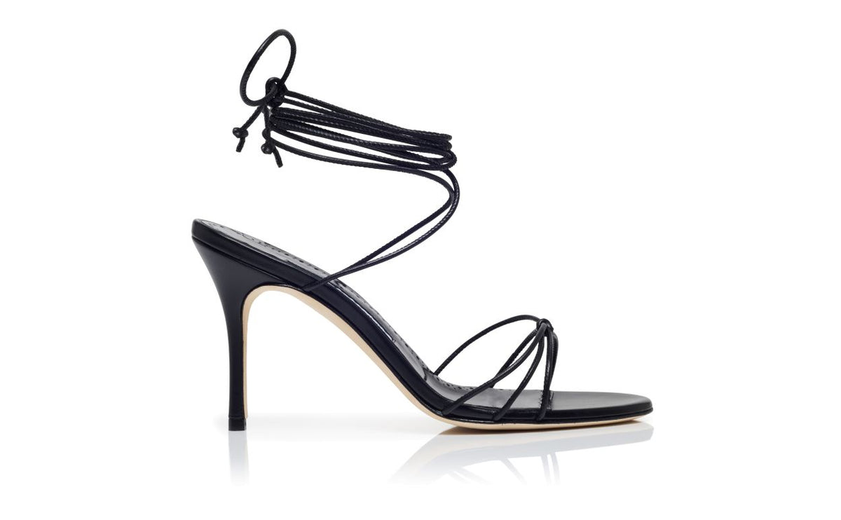 Genevieve Halo Black Ankle Strap Ankle-Strap Shoes – side profile showing black ankle strap, open toe, nappa leather, lace…