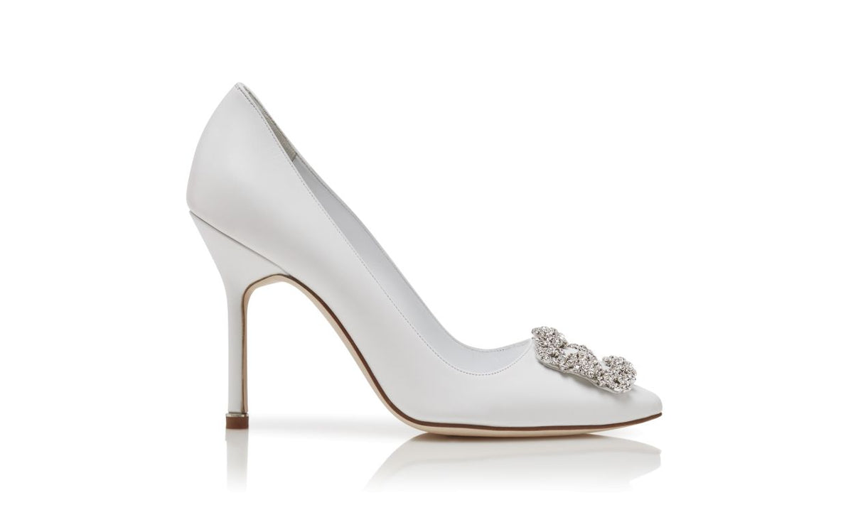 Rosalie Bloom White Jewel Buckle Pumps – side profile showing white jewel buckle, crystal buckle, almond toe, Vowalisse
