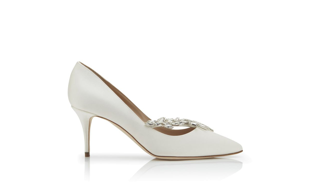 Bianca Belle White Jewel Buckle Pumps – side profile showing white jewel buckle, pointed toe, satin, Vowalisse