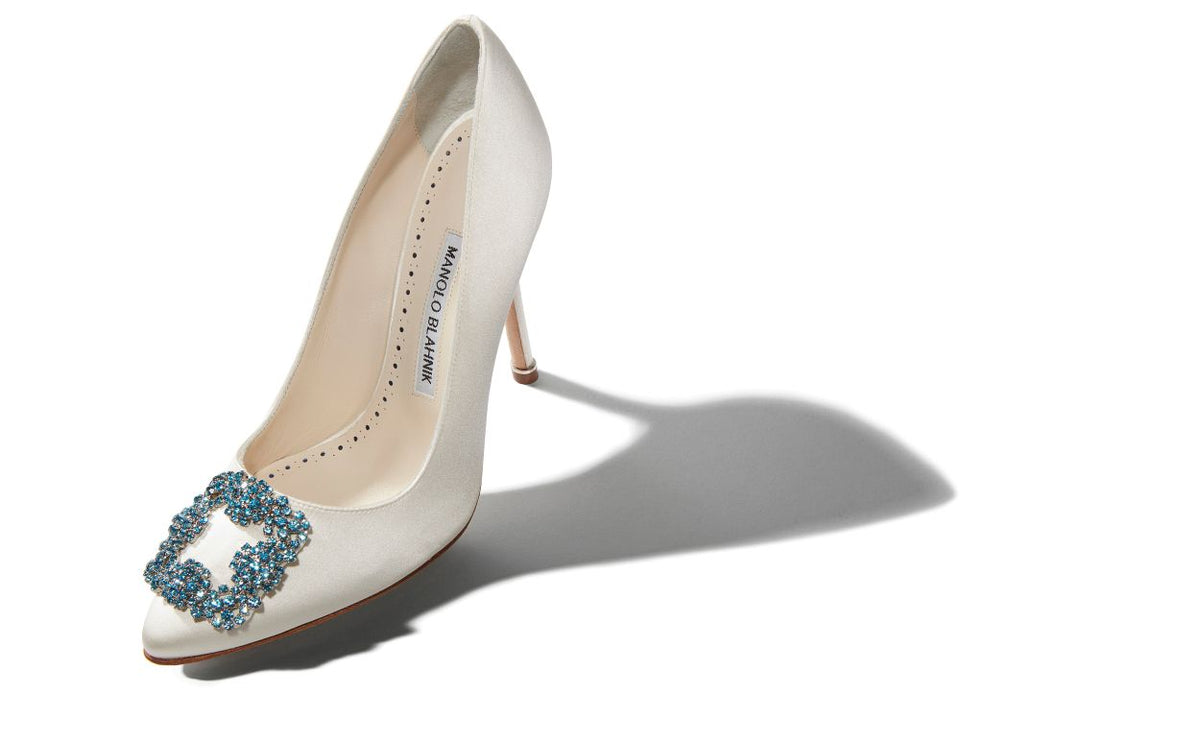Valentina Belle White Jewel Buckle Pumps – front three-quarter view showing white jewel buckle, crystal buckle, almond toe…