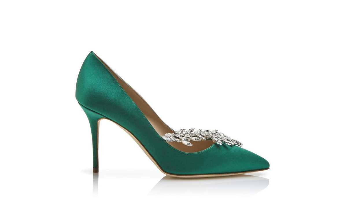 Genevieve Crown Green Jewel Buckle Pumps – side profile showing green jewel buckle, pointed toe, satin, Vowalisse