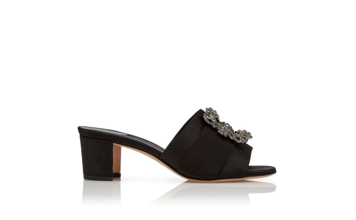 Celeste Flame Black Jewel Buckle Mules – side profile showing black jewel buckle, crystal buckle, satin, Vowalisse