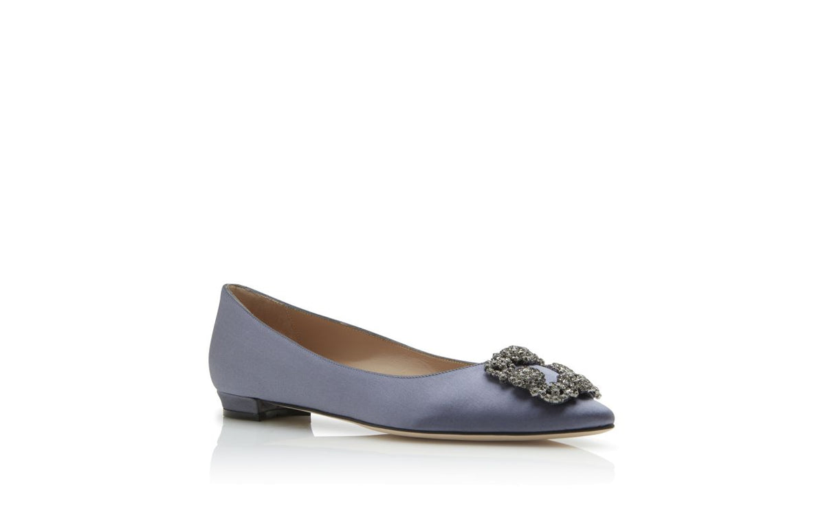 Aurelia Dawn Blue Jewel Buckle Pumps – top view showing blue jewel buckle, crystal buckle, almond toe, satin, Vowalisse