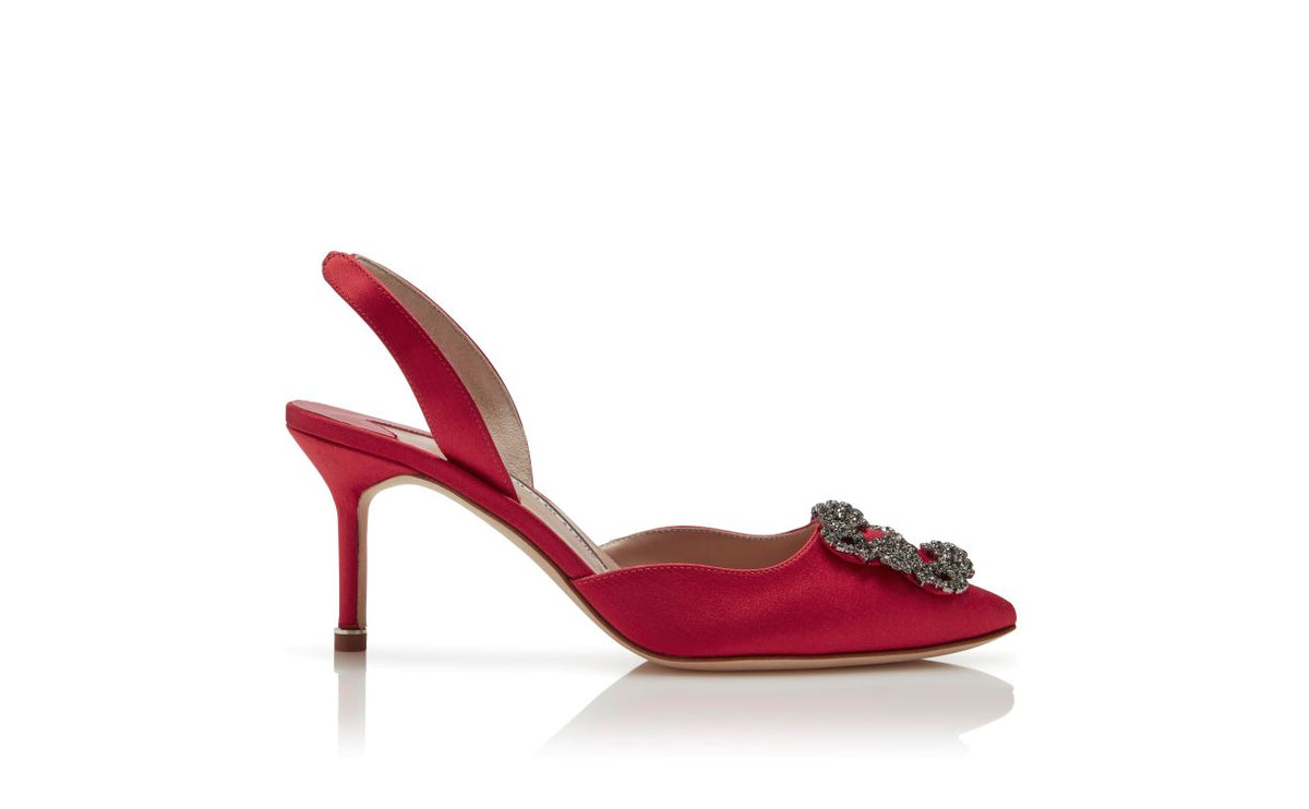 Amelie Crown Red Jewel Buckle Slingbacks – side profile showing red jewel buckle, crystal buckle, ankle strap, slingback…