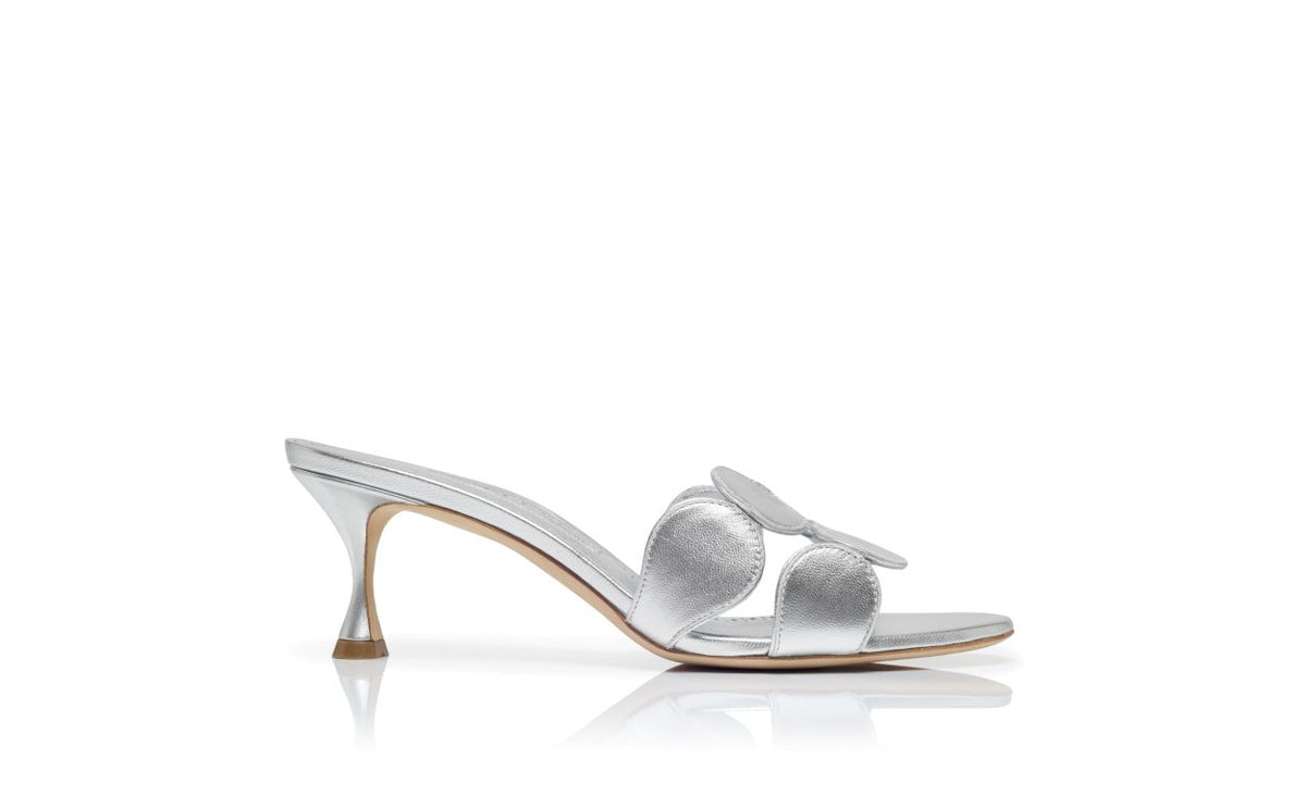 Delphine Star Silver Open Toe Mules – side profile showing silver open toe, nappa leather, Vowalisse