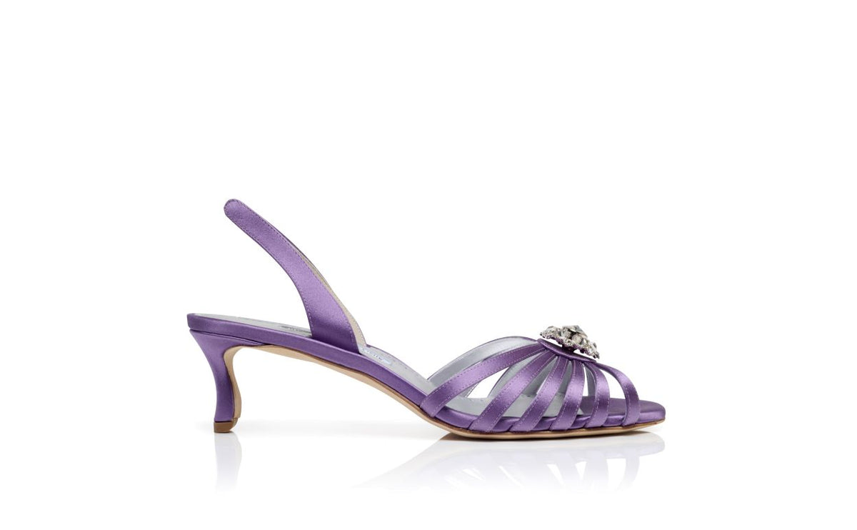 Genevieve Shine Purple Slingback Slingbacks – side profile showing purple slingback, open toe, satin, Vowalisse