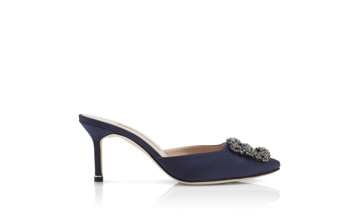 Genevieve Dawn Blue Jewel Buckle Mules – side profile showing blue jewel buckle, crystal buckle, almond toe, satin…
