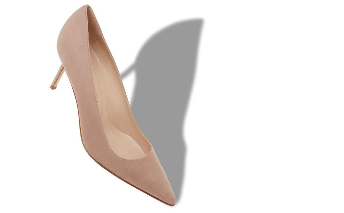 Amelie Dawn Neutral Pointed Toe Pumps – front three-quarter view showing neutral pointed toe, suede, Vowalisse