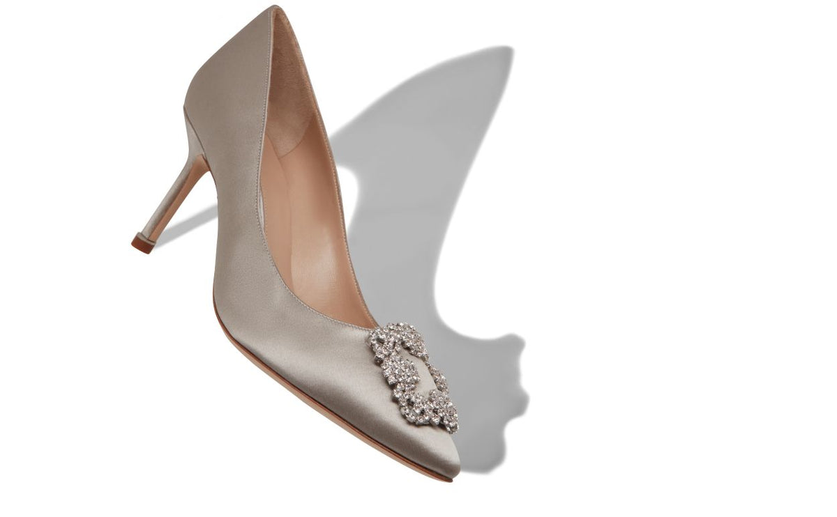 Anastasia Halo Grey Jewel Buckle Pumps – front three-quarter view showing grey jewel buckle, crystal buckle, almond toe…