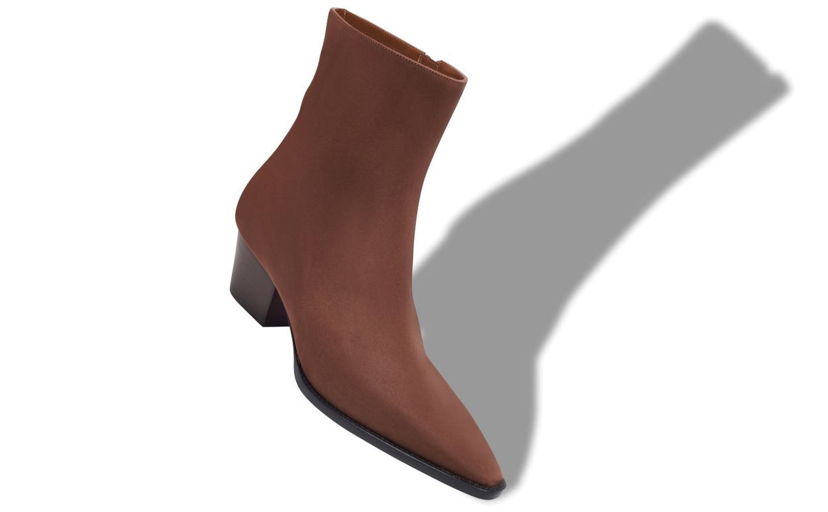 Camellia Rose Brown Pointed Toe Ankle Boots – front three-quarter view showing brown pointed toe, Vowalisse