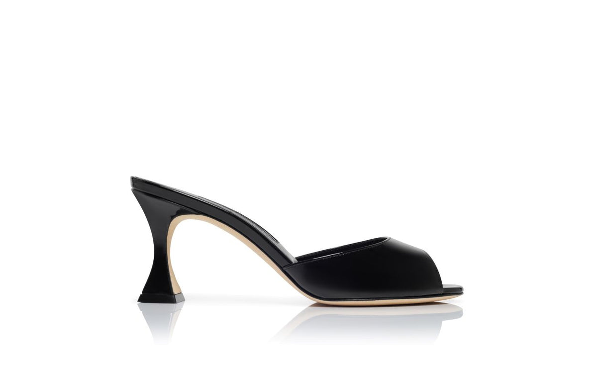 Celeste Jewel Black Open Toe Mules – side profile showing black open toe, patent leather, Vowalisse