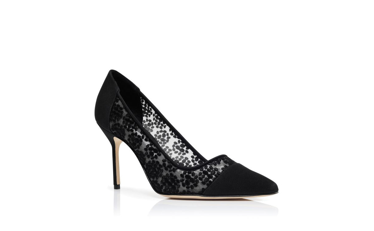 Fiorella Jewel Black Pointed Toe Pumps – top view showing black pointed toe, lace, Vowalisse