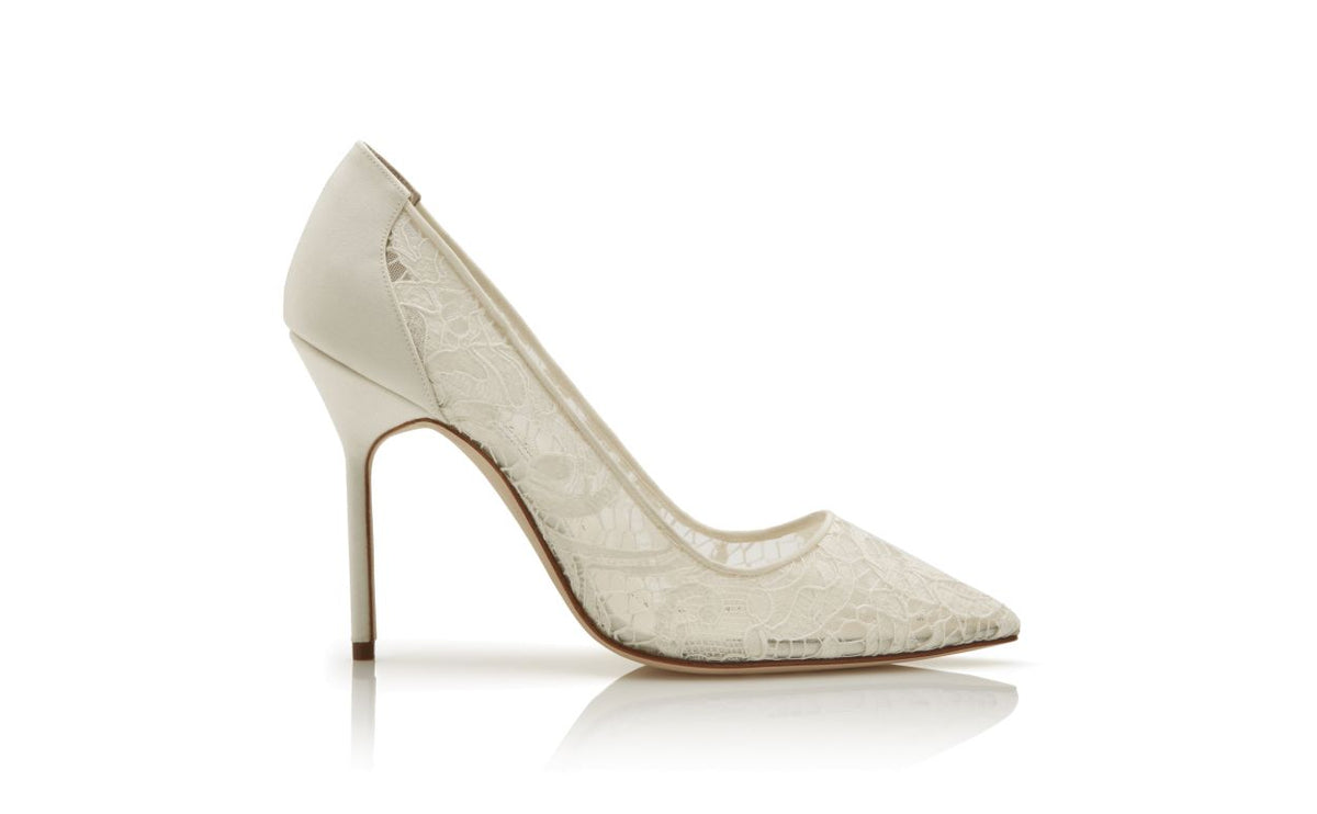 Colette Belle White Pointed Toe Pumps – side profile showing white pointed toe, satin, lace, Vowalisse