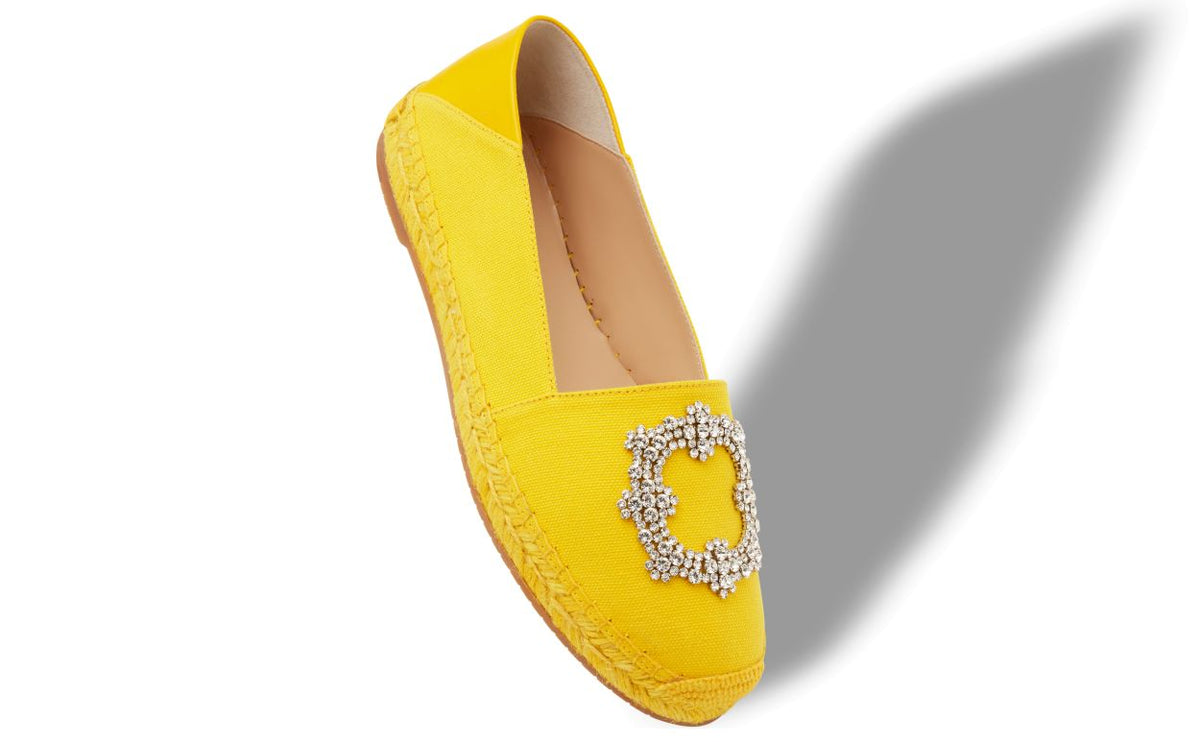 Evangeline Lace Yellow Round Toe Espadrilles – front three-quarter view showing yellow round toe, Vowalisse
