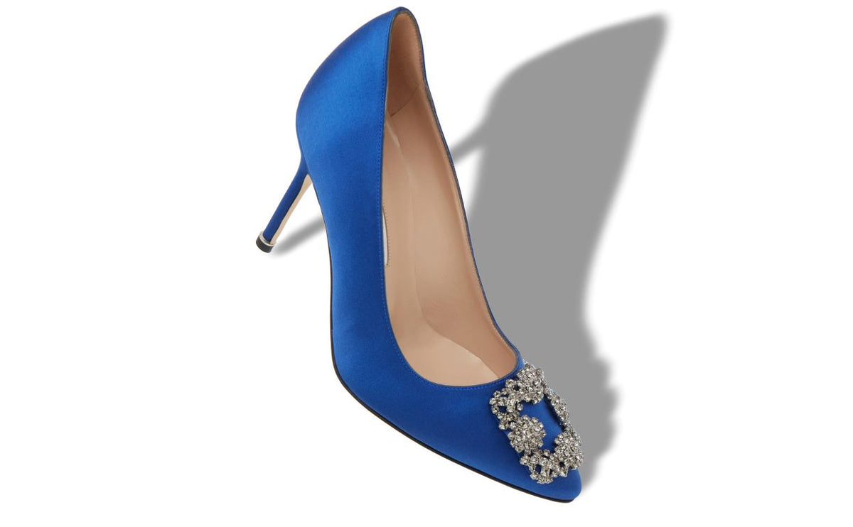 Magnolia Belle Blue Jewel Buckle Pumps – front three-quarter view showing blue jewel buckle, crystal buckle, almond toe…