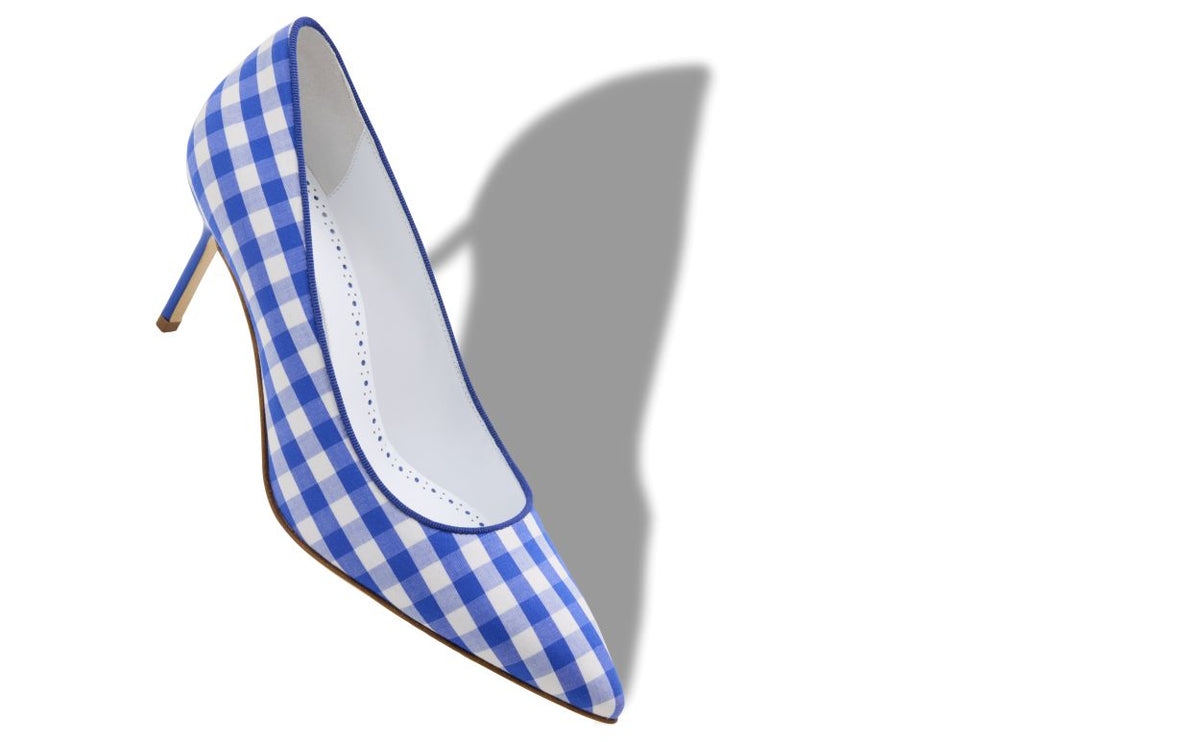 Juliette Muse Blue Almond Toe Pumps – front three-quarter view showing blue almond toe, Vowalisse