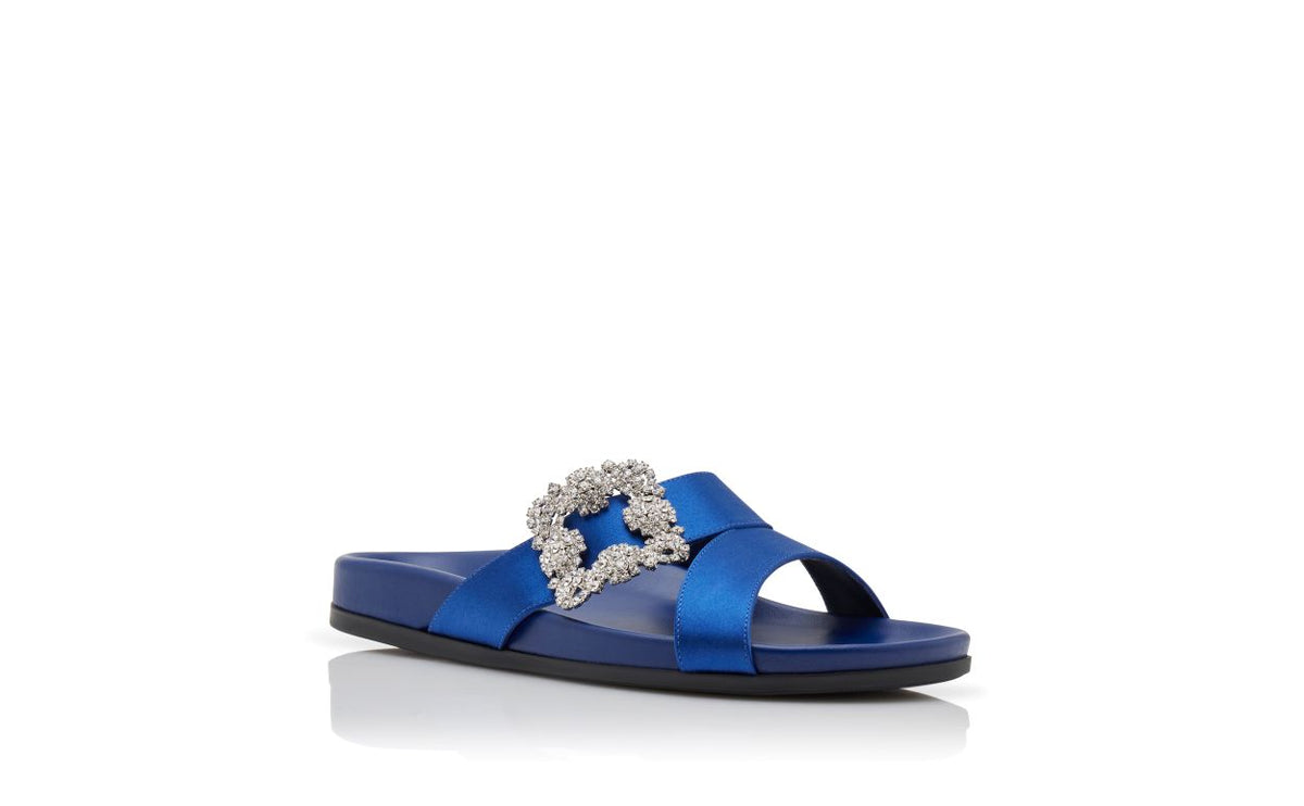 Estelle Grace Blue Jewel Buckle Mules – top view showing blue jewel buckle, crossover, open toe, satin, Vowalisse