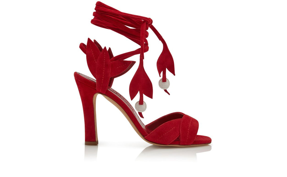 Emmeline Shine Red Open Toe Ankle-Strap Shoes – side profile showing red open toe, suede, lace, Vowalisse
