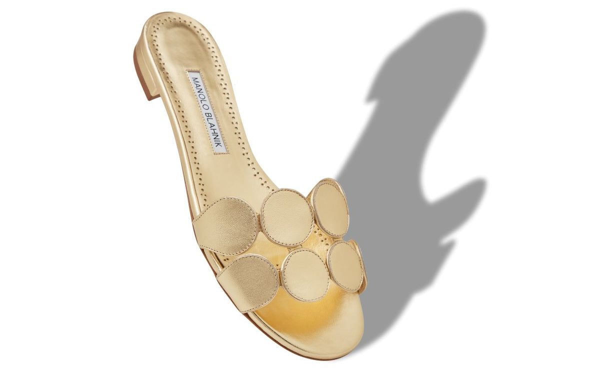 Colette Élan Gold Open Toe Mules – front three-quarter view showing gold open toe, nappa leather, Vowalisse