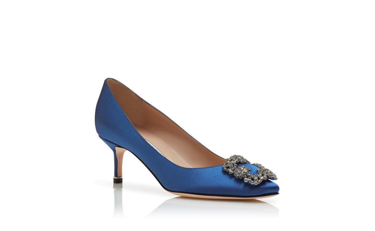 Marcella Dawn Blue Jewel Buckle Pumps – top view showing blue jewel buckle, crystal buckle, almond toe, satin, Vowalisse