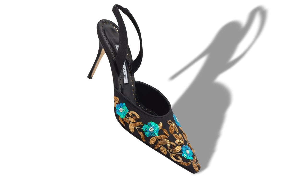Odette Muse Black Embroidered Slingbacks – front three-quarter view showing black embroidered, slingback, almond toe…