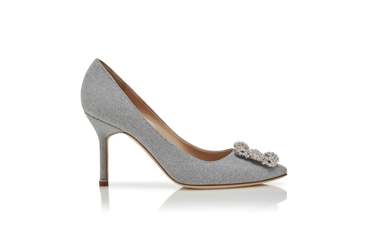 Bianca Bloom Silver Jewel Buckle Pumps – side profile showing silver jewel buckle, crystal buckle, almond toe, Vowalisse