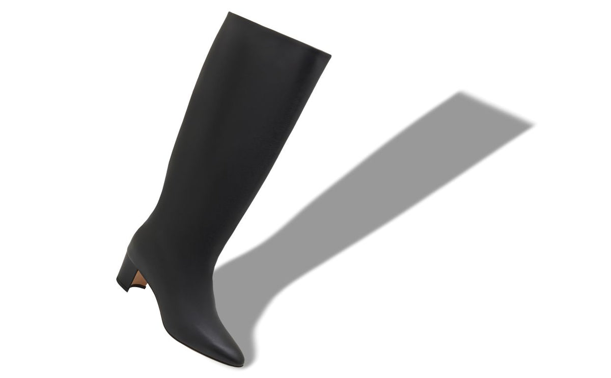 Celeste Lace Black Pointed Toe Knee-High Boots – front three-quarter view showing black pointed toe, Vowalisse