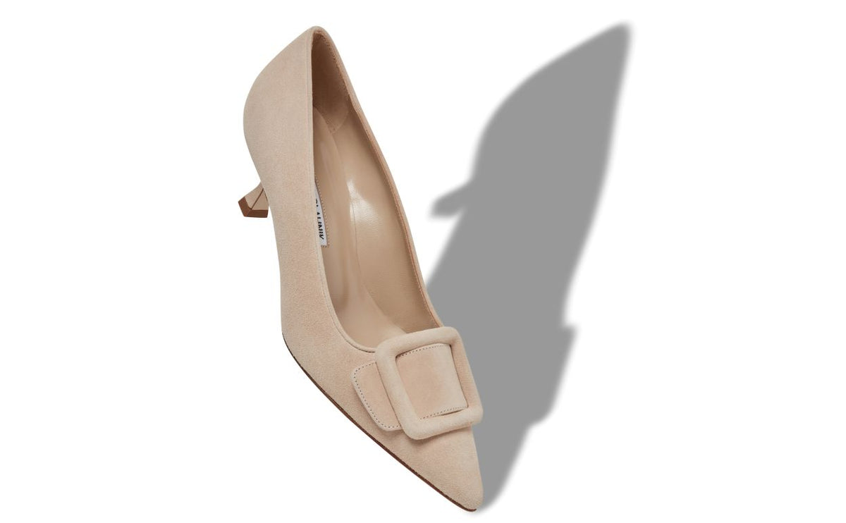 Isadora Bloom Neutral Pointed Toe Pumps – front three-quarter view showing neutral pointed toe, suede, Vowalisse