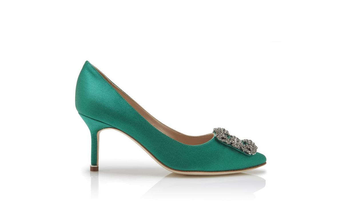 Camellia Belle Green Jewel Buckle Pumps – side profile showing green jewel buckle, crystal buckle, almond toe, satin…