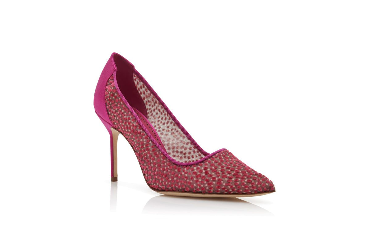 Clarisse Shine Pink Pointed Toe Pumps – top view showing pink pointed toe, satin, Vowalisse