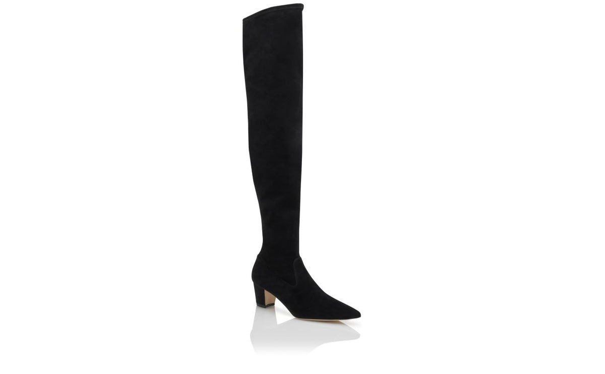 Juliette Flame Black Suede Knee-High Boots – top view showing black suede, Vowalisse