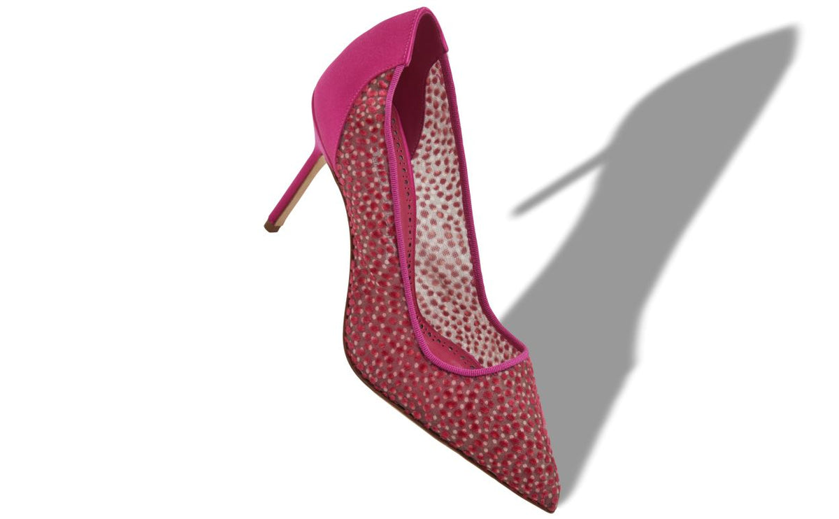 Clarisse Shine Pink Pointed Toe Pumps – front three-quarter view showing pink pointed toe, satin, Vowalisse