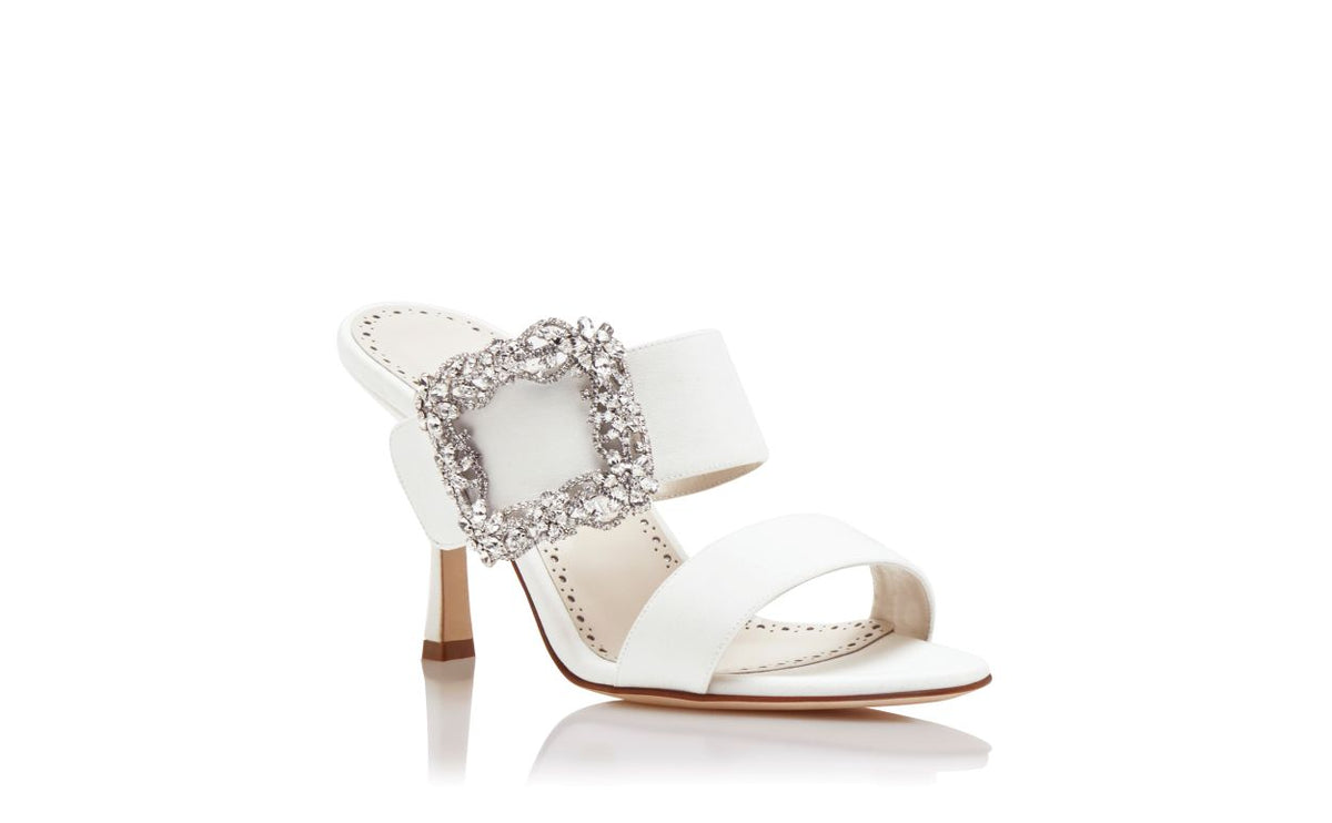 Arabella Flame White Jewel Buckle Mules – top view showing white jewel buckle, crystal buckle, open toe, Vowalisse