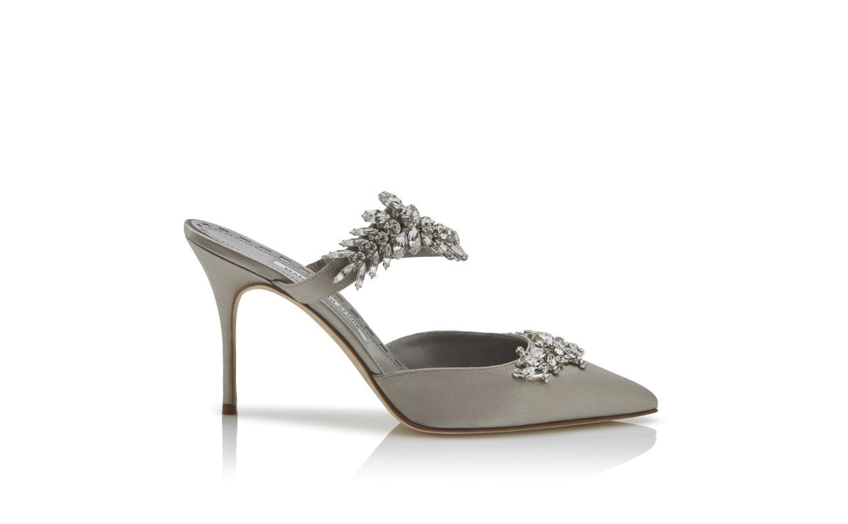 Vivienne Crown Grey Crystal Embellished Mules – side profile showing grey crystal embellished, pointed toe, satin…