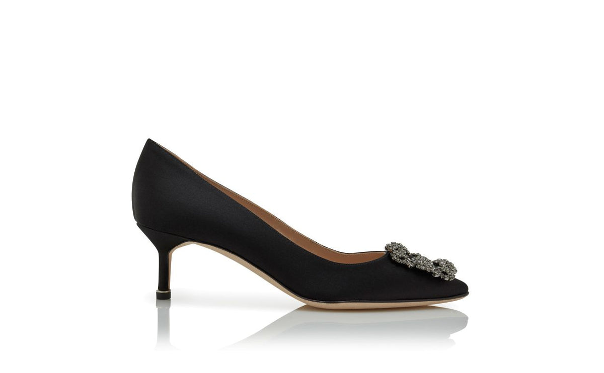 Celeste Dream Black Jewel Buckle Pumps – side profile showing black jewel buckle, crystal buckle, almond toe, satin…