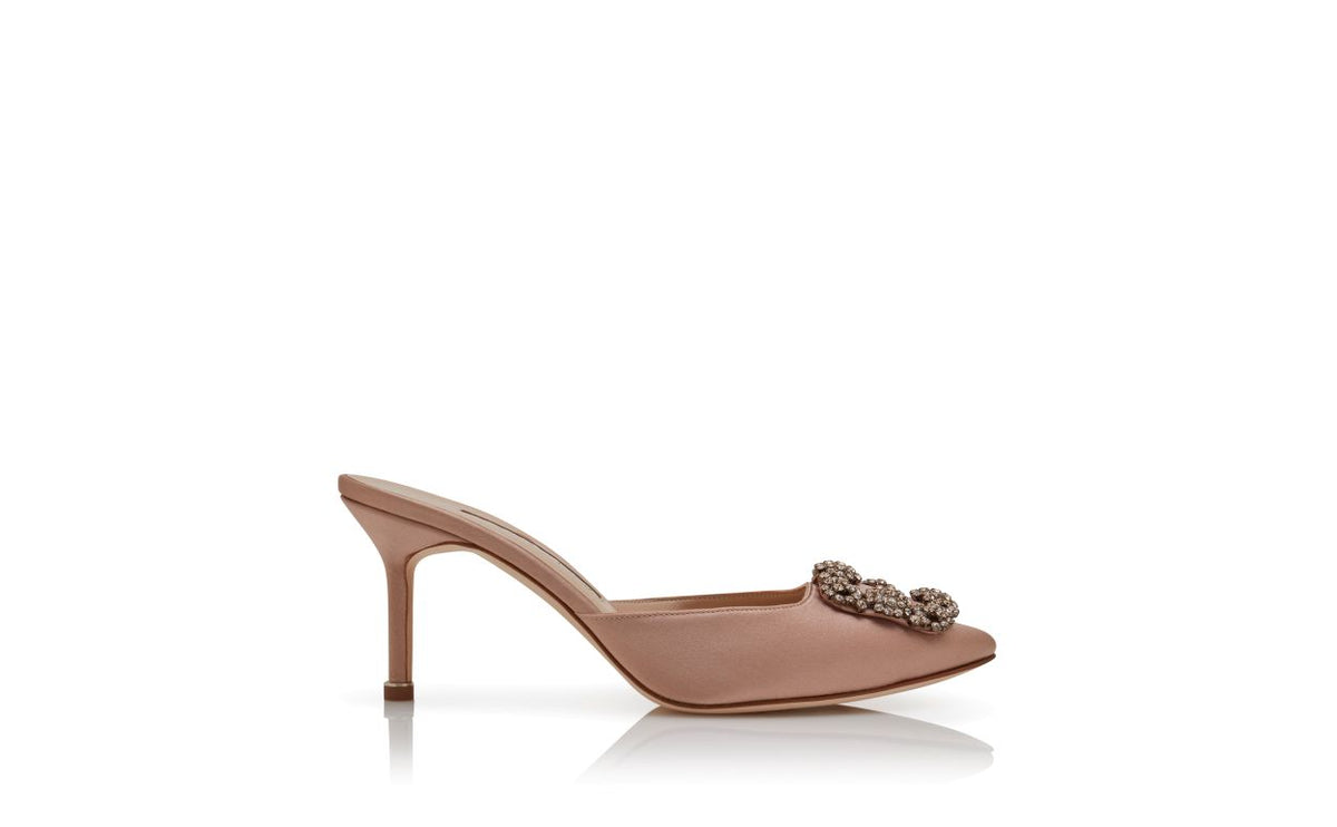 Lunette Pearl Neutral Jewel Buckle Mules – side profile showing neutral jewel buckle, crystal buckle, almond toe, satin…